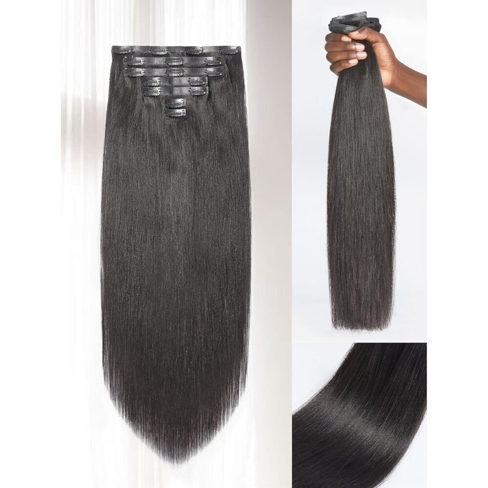 Seamless Clip in Hair Extensions Human Hair 24 Inch Natural Black Yaki Straight